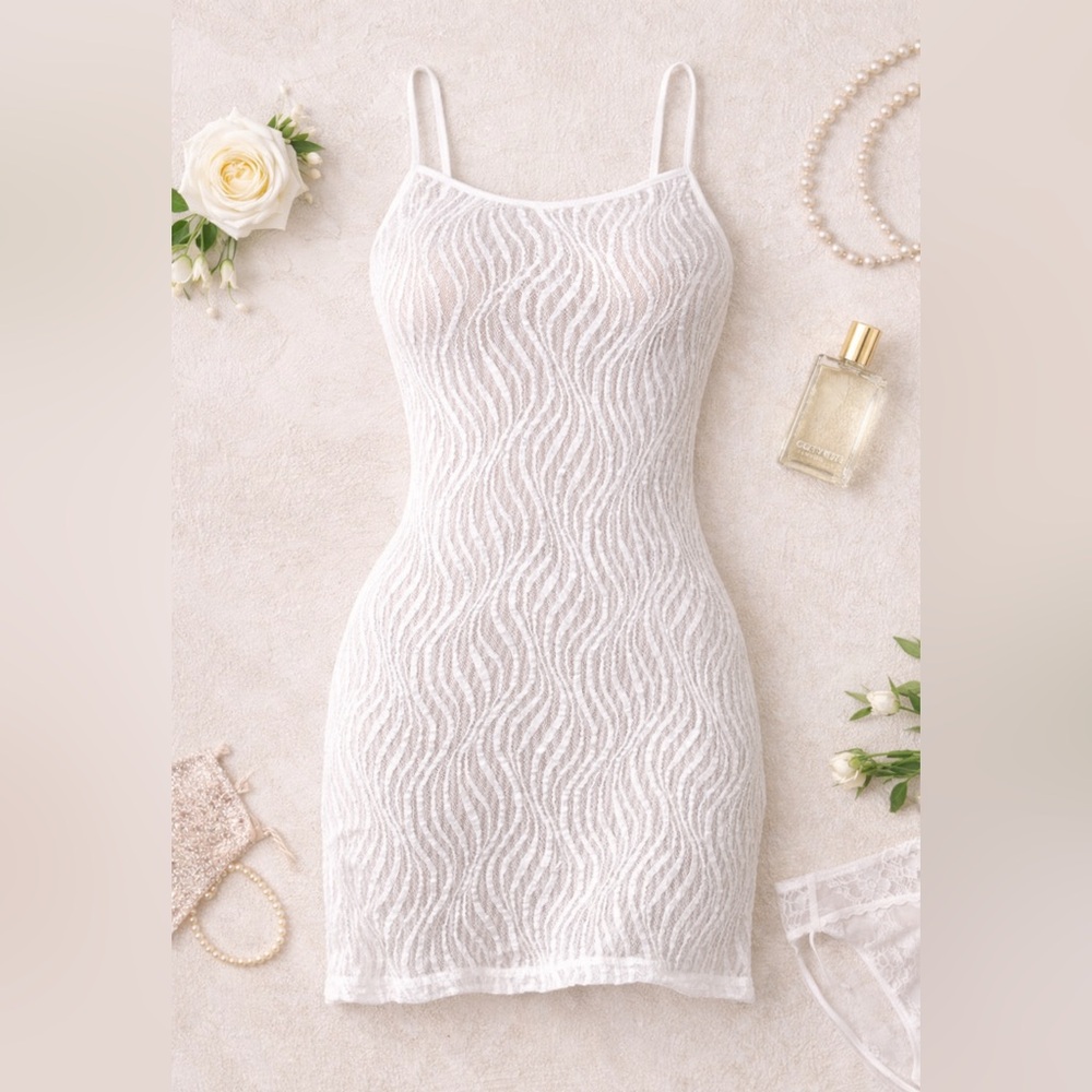 Cherry Pie White Sheer Lace Wave Slip Dress Nightgown One Size Vintage